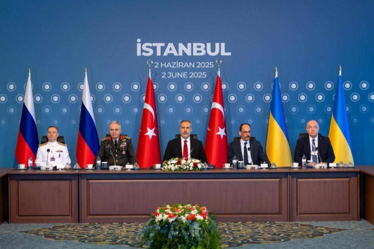 Foreign Minister Hakan Fidan (center) chairs the trilateral meeting between Türkiye, Russia, and Ukraine delegations in Istanbul on June 2, 2025. (AA Photo)