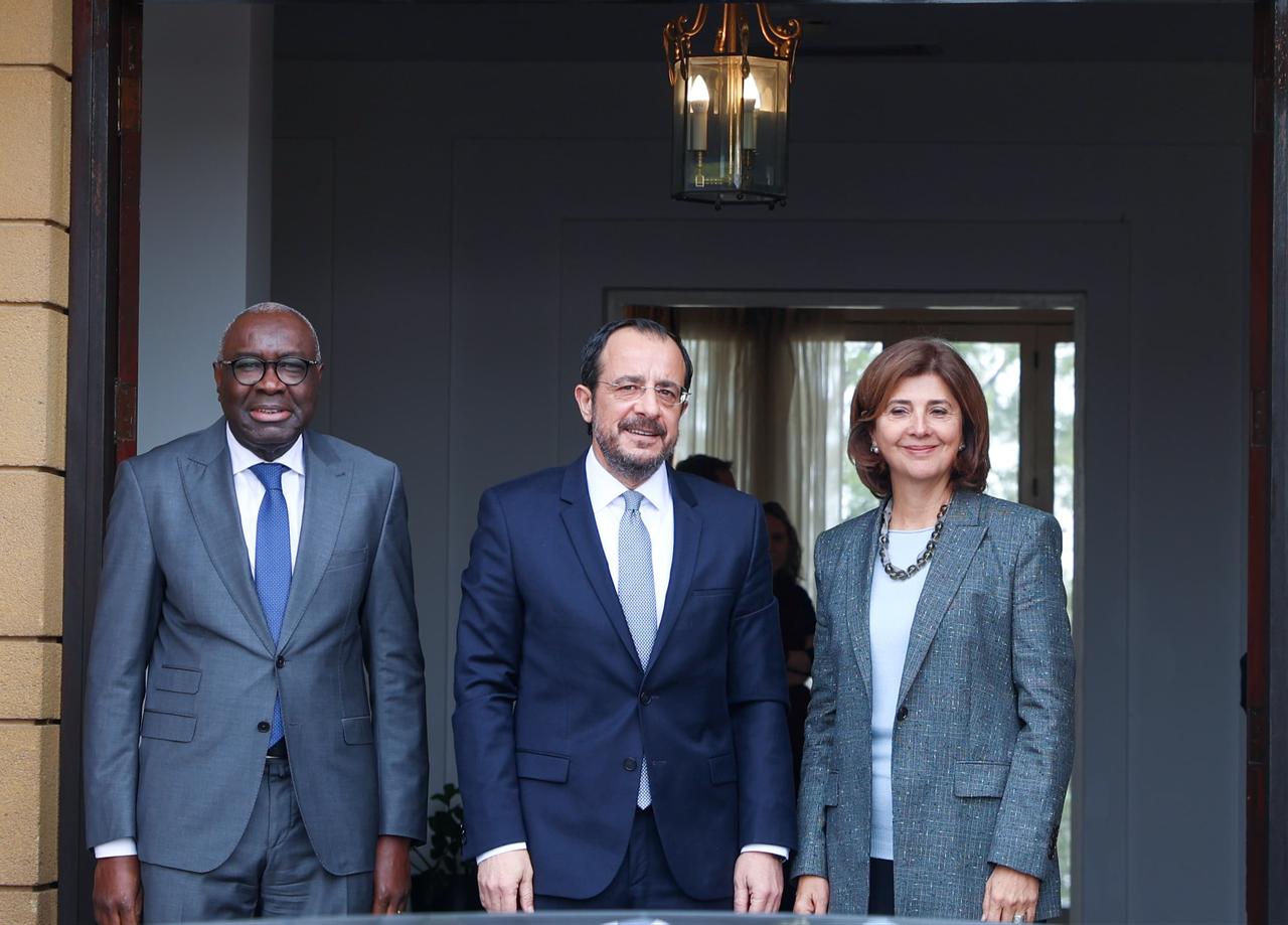 President of the Turkish Republic of Northern Cyprus (TRNC) Tufan Erhurman met with Greek Cypriot Administration leader Nikos Christodoulides (C) and Maria Angela Holguin Cuellar (R), the Personal Envoy of United Nations (UN) Secretary-General Antonio Guterres on Cyprus in Nicosia, on January 28, 2026. (AA Photo)