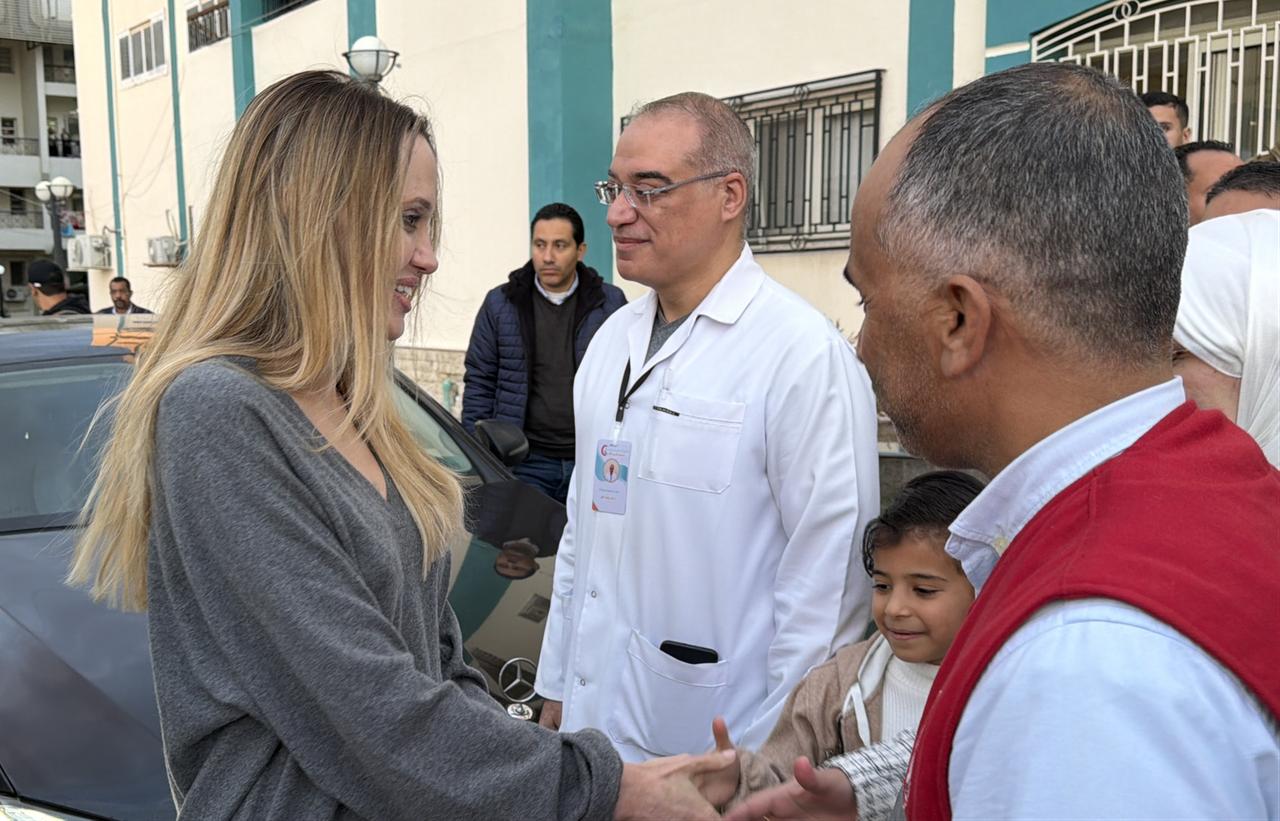 World-renowned American actress Angelina Jolie visits the Rafah Border Crossing between the Gaza Strip and Egypt on the Egypt side, Jan. 2, 2026. (AA Photo)