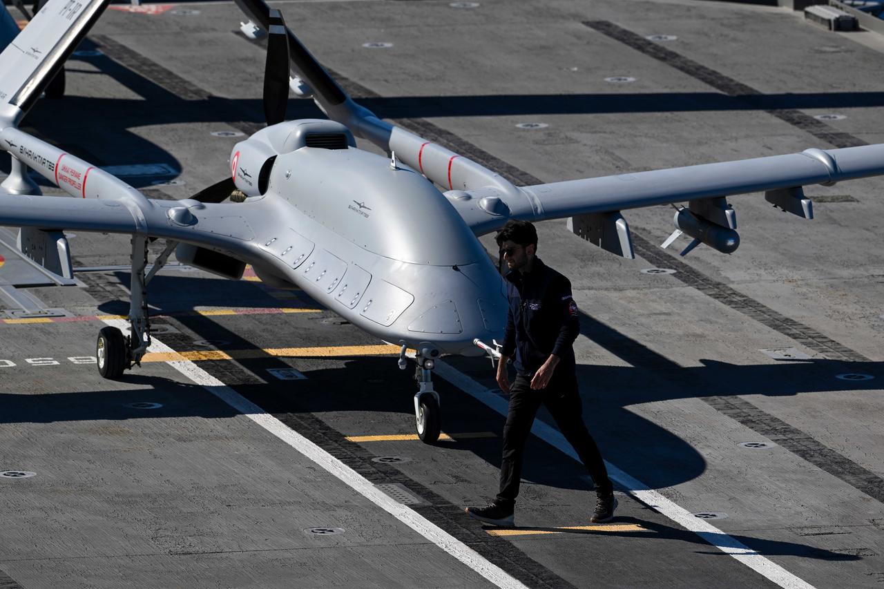 A Bayraktar TB-3 UCAV during the Seawolf-I/2025 exercise, conducted by the Turkish Naval Forces Command in Antalya, Türkiye, on October 10, 2025. (AA Photo)