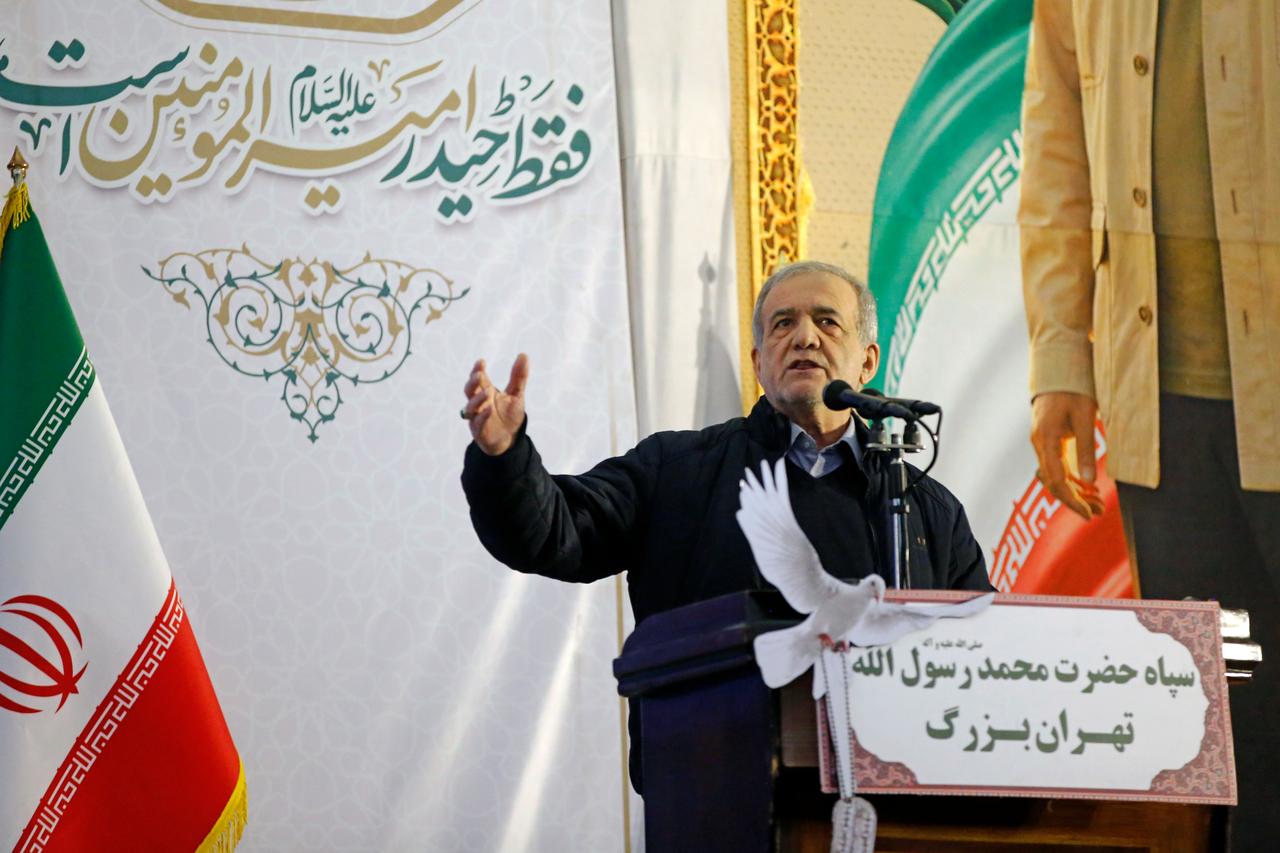 Iranian President Masoud Pezeshkian commemorates IRGC Lieutenant General and Commander of the Quds Force Qasem Soleimani, during a ceremony marking the 6th anniversary of his death, at the Mosallah Mosque in Tehran, Iran, on January 01, 2026. (AA Photo)