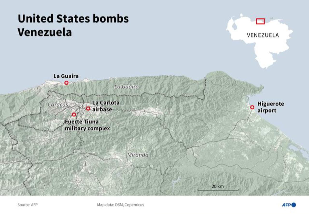 Map locating in Venezuela La Guaira, Higuerote, and Caracas, targeted by military strikes by the United States. (AFP Graphics)