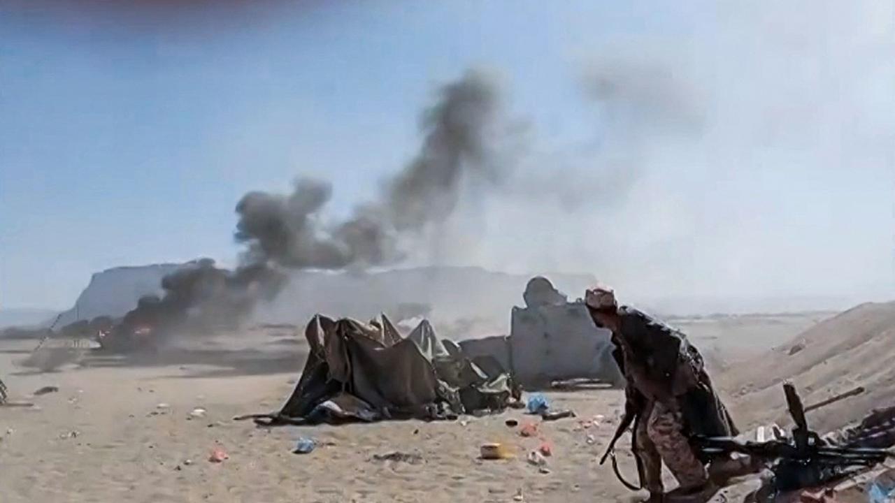 The moment a strike hits the Southern Transitional Council (STC) forces in Seiyun, in Hadhramaut Governorate, Jan. 2, 2026. (Photo by Aden Independent Channel (AIC TV) /AFP)