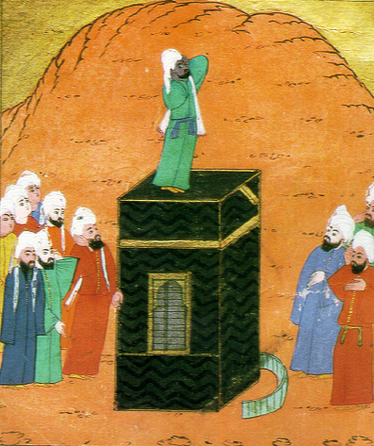 Bilal ibn Ribah (pictured, atop the Kaaba) was an Ethiopian slave, emancipated on Prophet Muhammad's (pbuh) instruction, and appointed by him to be the first official muezzin. (Image via Wikimedia)