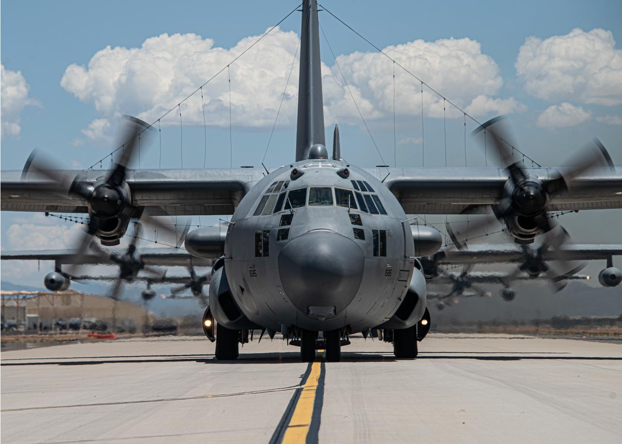 A U.S. Air Force EC-130H Compass Call taxis down the flight line during a show-of-force readiness exercise at Davis-Monthan Air Force Base, Arizona, June 28, 2021. (Photo via US Air Force)
