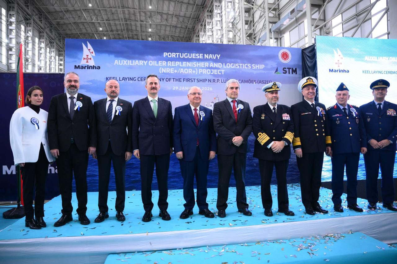 Turkish and Portuguese officials during the keel laying ceremony at Ada Shipyard in Istanbul, Türkiye, Jan. 29, 2026. (Photo via X/@STMDefence)