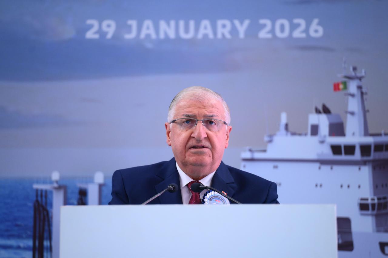 Turkish National Defense Minister Yasar Guler delivers a speech during the Keel Laying Ceremony of the first ship N.R.P Luis de Camoes at Ada Shipyard in Istanbul, Jan. 29, 2026. (AA Photo)