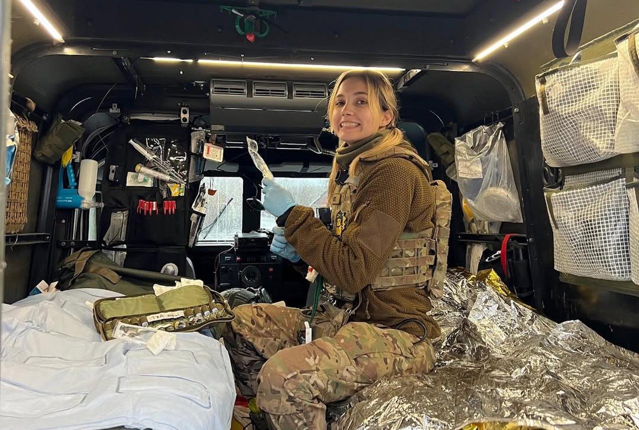 Viktoriia Honcharuk prepares medical equipment inside a makeshift ambulance used for frontline evacuations in Ukraine. (Photo via Instagram/victoria__honcharuk)