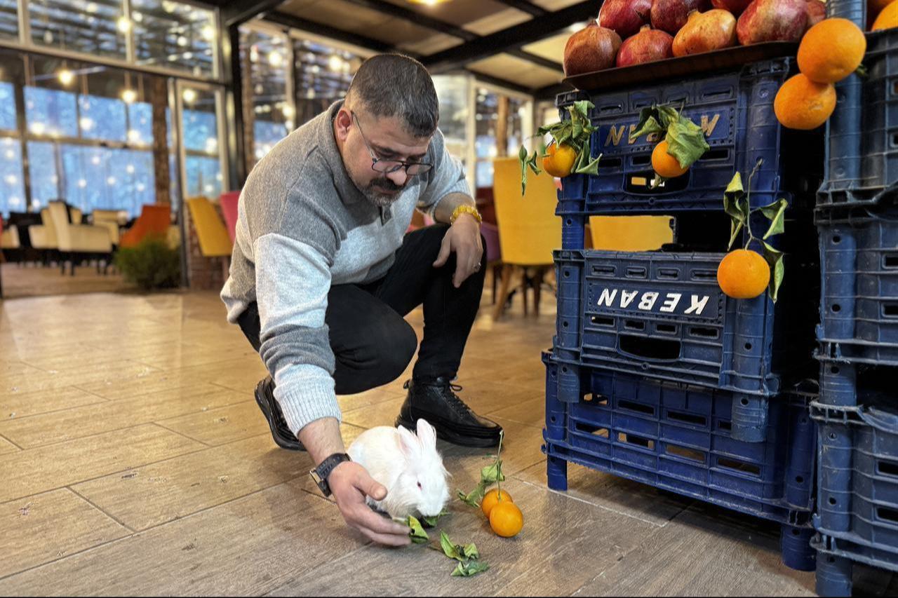 Staff supervisor Yakup Kus, carefully looks after and protects the baby rabbit, feeding it fruits and fresh greens. Türkiye, Jan. 29, 2026. (AA Photo)