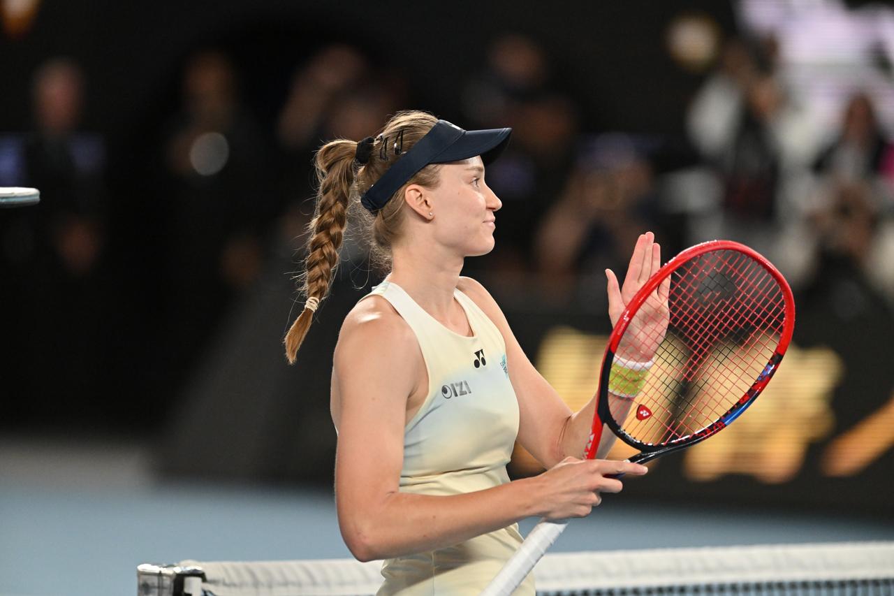 Elena Rybakina of Kazakhstan greets the audience after defeating Aryna Sabalenka 2-1 in the Women's Singles Final at the Australian Open grand slam tennis tournament at Melbourne Park in Melbourne, Australia, Jan. 31, 2026. (AA Photo)