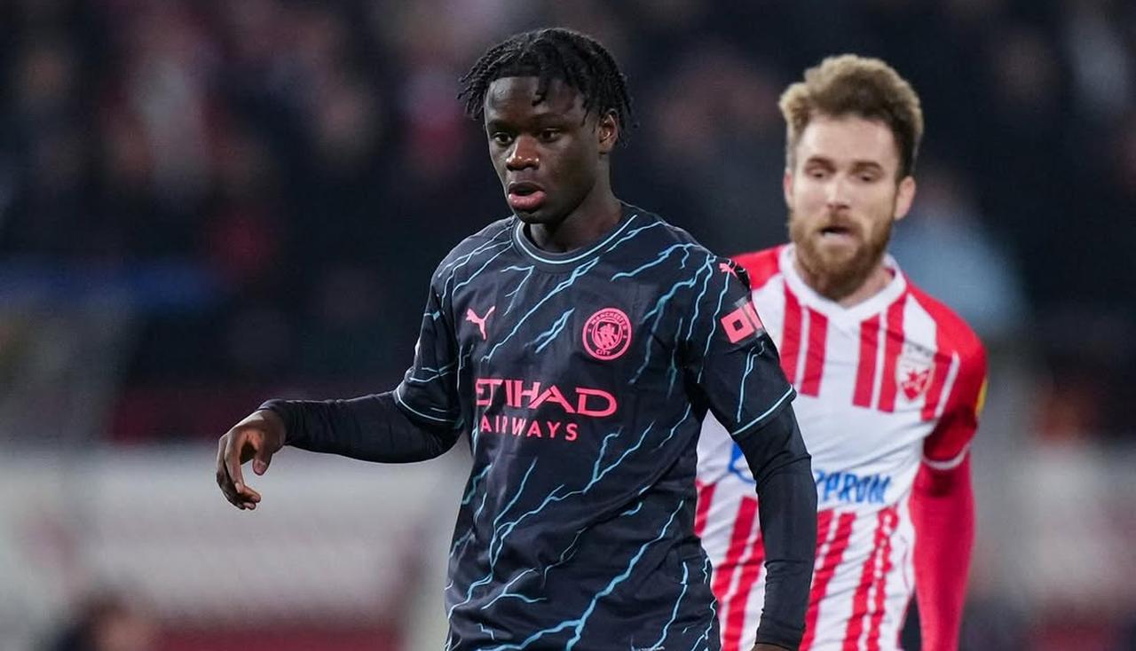 Manchester City’s Mahamadou Susoho carries the ball forward under pressure from an opposing player during a UEFA Champions League match at Red Star Stadium, Belgrade, on Dec. 14, 2023. (Photo via Instagram/@m.susoho_)