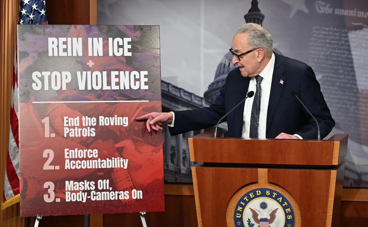 US Senate Minority Leader Chuck Schumer (D-NY) speaks during a press conference to stop ICE violence at the US Capitol in Washington, DC, on January 30, 2026. (AFP Photo)