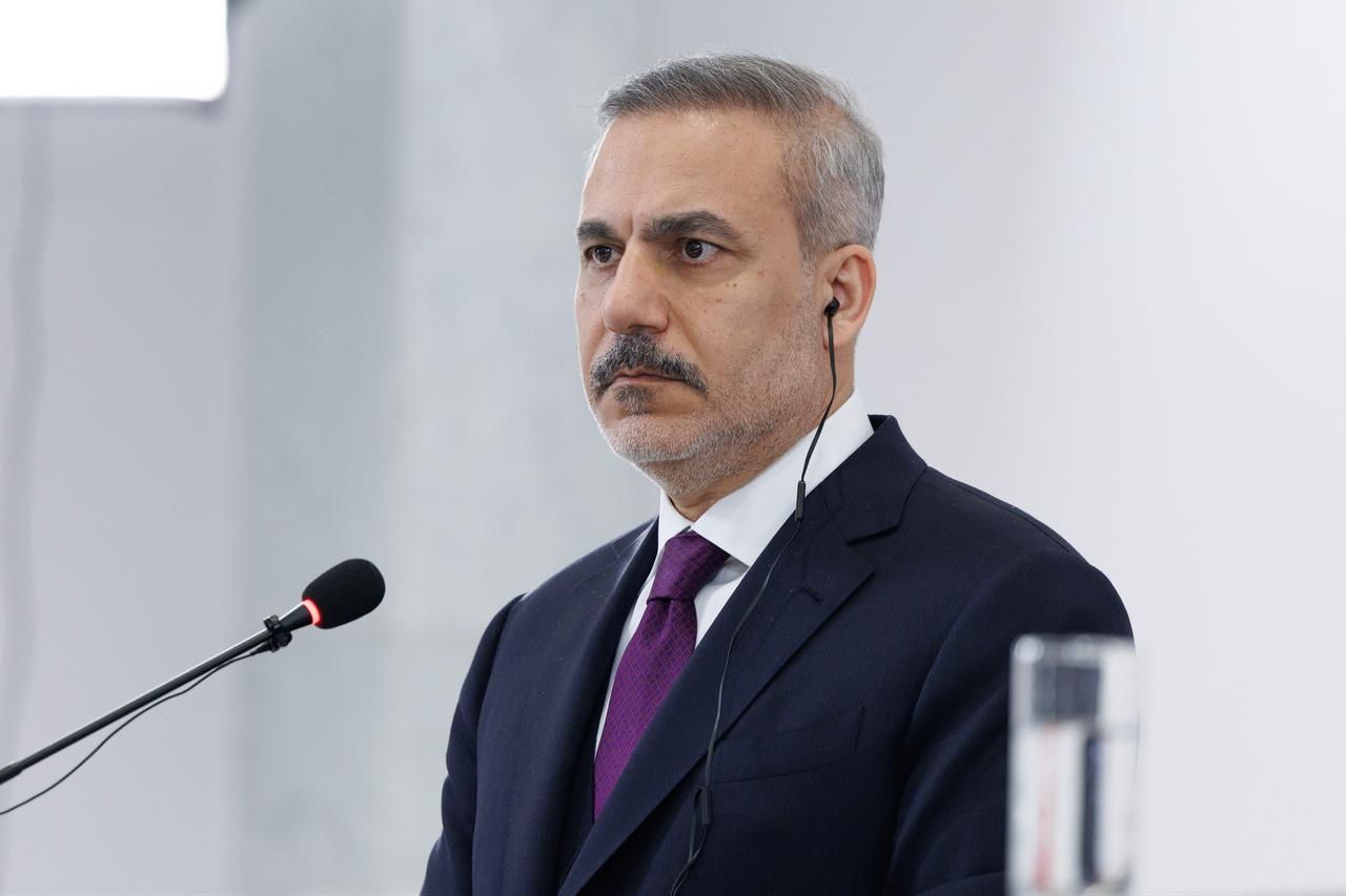 Turkish Foreign Minister Hakan Fidan and Syrian Foreign Minister Asaad Hassan al-Shaibani (not seen) hold a joint press conference after their meeting in Damascus, Syria on Dec. 22, 2025. (AA Photo)