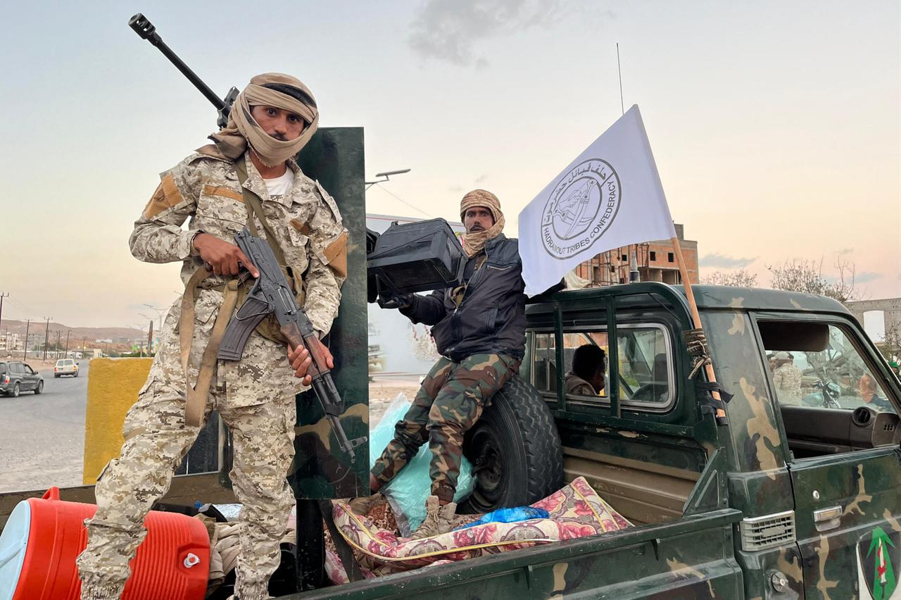 Saudi-backed forces that took control of the Second Military Region Command on the outskirts of Mukalla, the capital of Hadramawt, Yemen on Jan. 3, 2026. (AFP Photo)