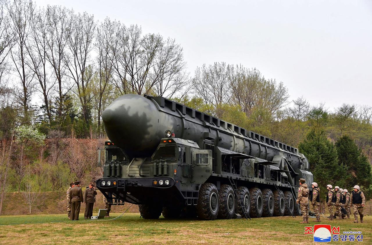 The new Hwasongpho-18 ICBM at an undisclosed location in North Korea on April 13, 2023. (KCNA/AFP Photo)