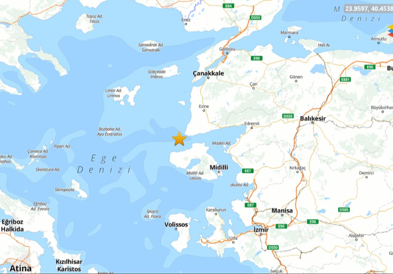 The map shows the epicenter of the earthquake near Türkiye's Canakkale. (AFAD)