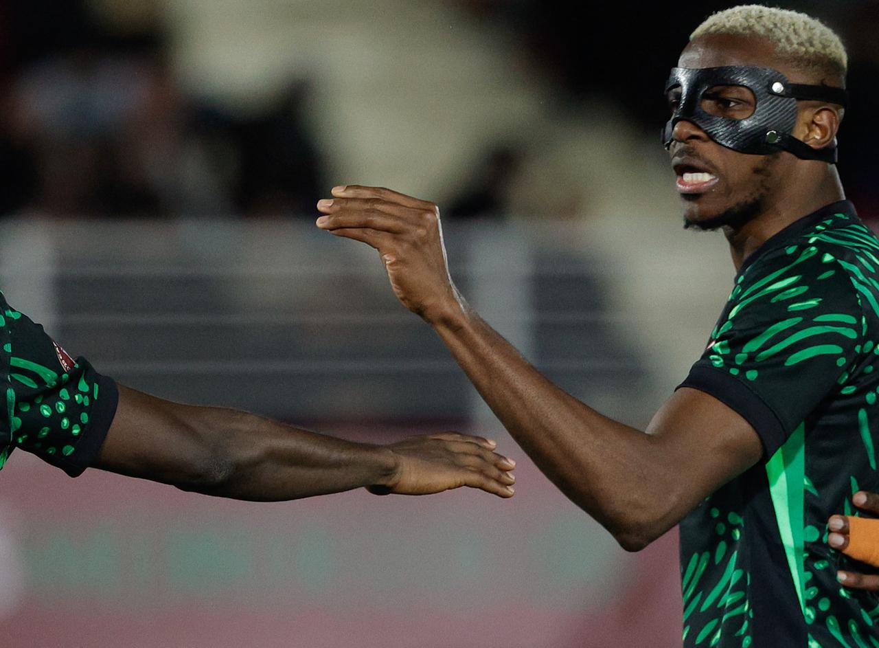 Nigeria's forward #09 Victor Osimhen reacts during the Africa Cup of Nations (CAN) round of 16 football match between Nigeria and Mozambique at the Sports Complex stadium in Fes on Jan. 5, 2026. (AFP Photo)