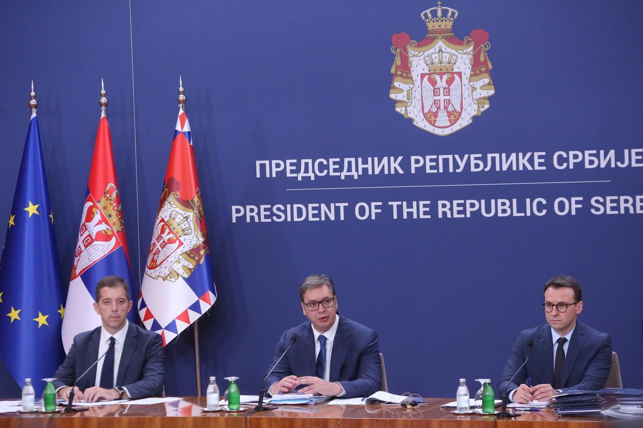 Serbian President Aleksandar Vucic (C) explains at a press conference about the measures his country plans to take regarding Kosovo, Belgrade, Serbia, September 13, 2024. (AA Photo)