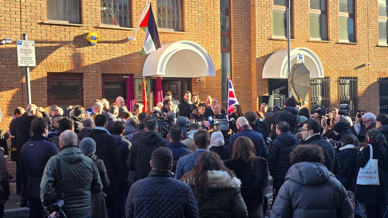Husam Zomlot, Palestinian head of mission in the UK stands with the plaque at the inauguration ceremony for the Palestinian embassy in London, Jan. 5, 2026. ( Photo via Facebook / @Husam Zomlot )