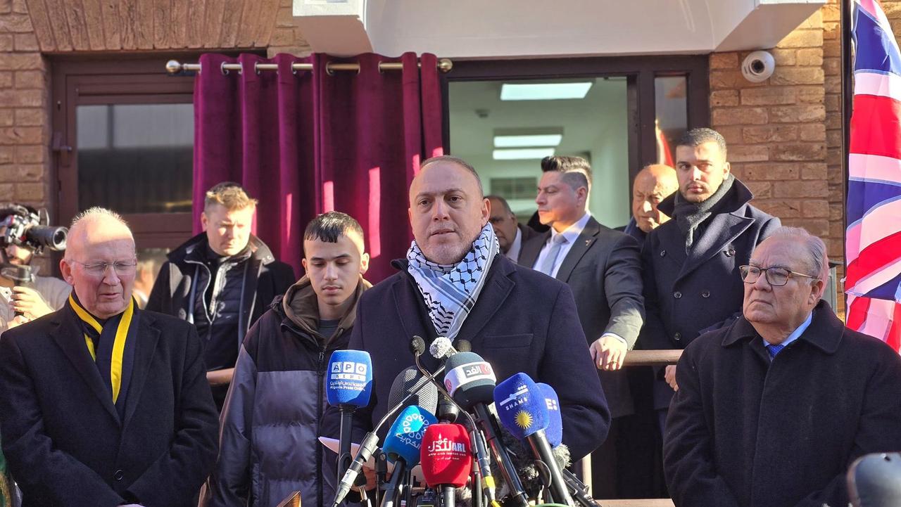 Husam Zomlot, Palestinian head of mission in the UK stands with the plaque at the inauguration ceremony for the Palestinian embassy in London, Jan. 5, 2026. ( Photo via Facebook / @Husam Zomlot )