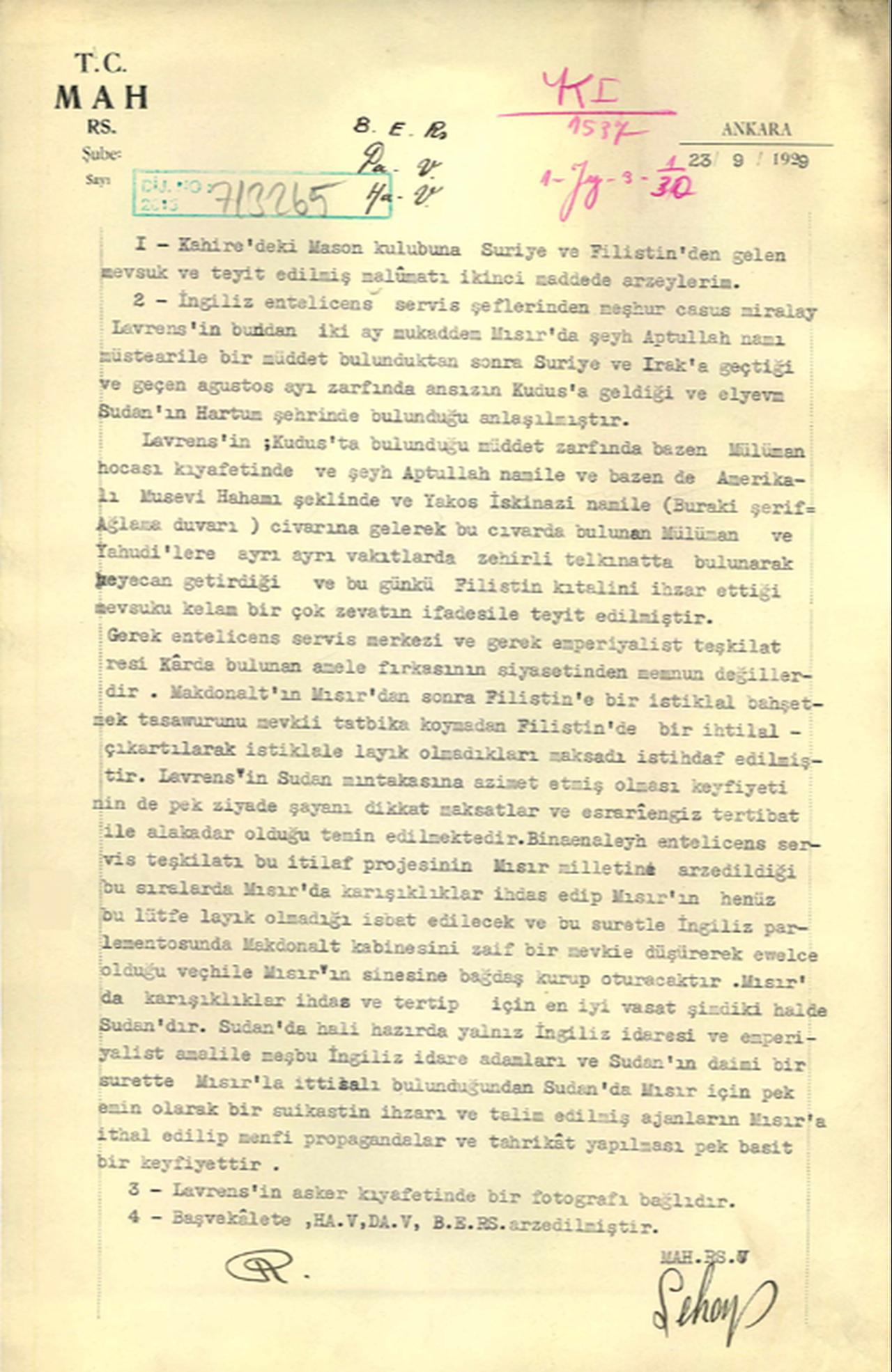 The original 1929 intelligence report on Thomas Edward Lawrence, published in full by Türkiye’s National Intelligence Organization (MIT). (Photo via Türkiye’s National Intelligence Organization)