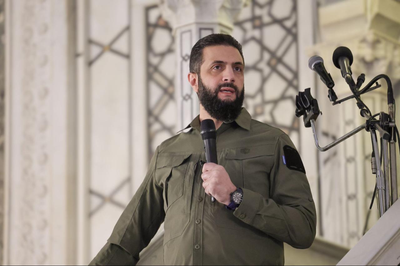 Syrian President Ahmad al-Sharaa speaks after performing the dawn prayer at the Umayyad Mosque on the first anniversary of the fall of Bashar al-Assad’s regime in Damascus, Syria on Dec. 8, 2025. (AA Photo)