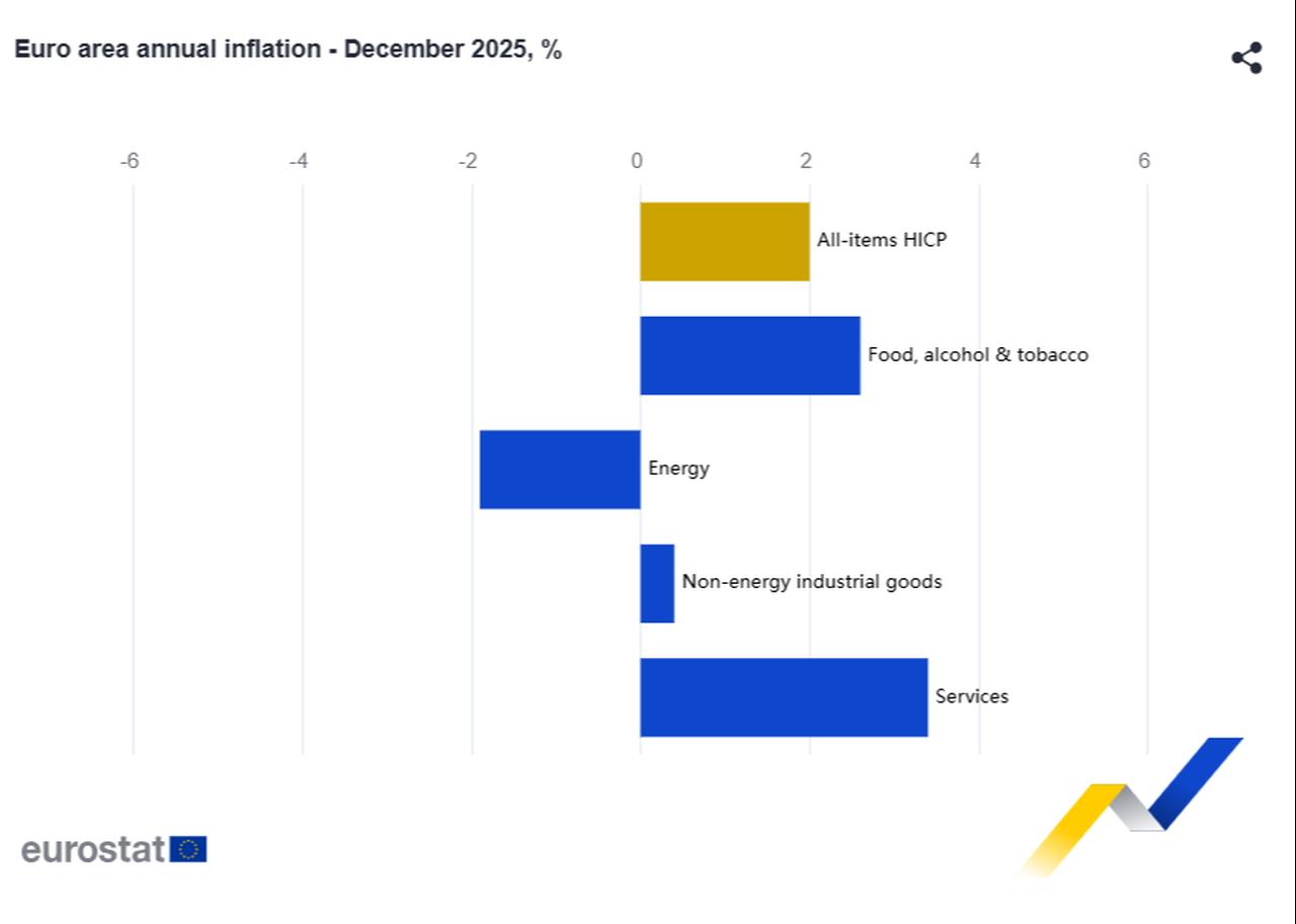 Bar chart shows annual inflation by component in the Euro area for December 2025. (Chart via Eurostat)