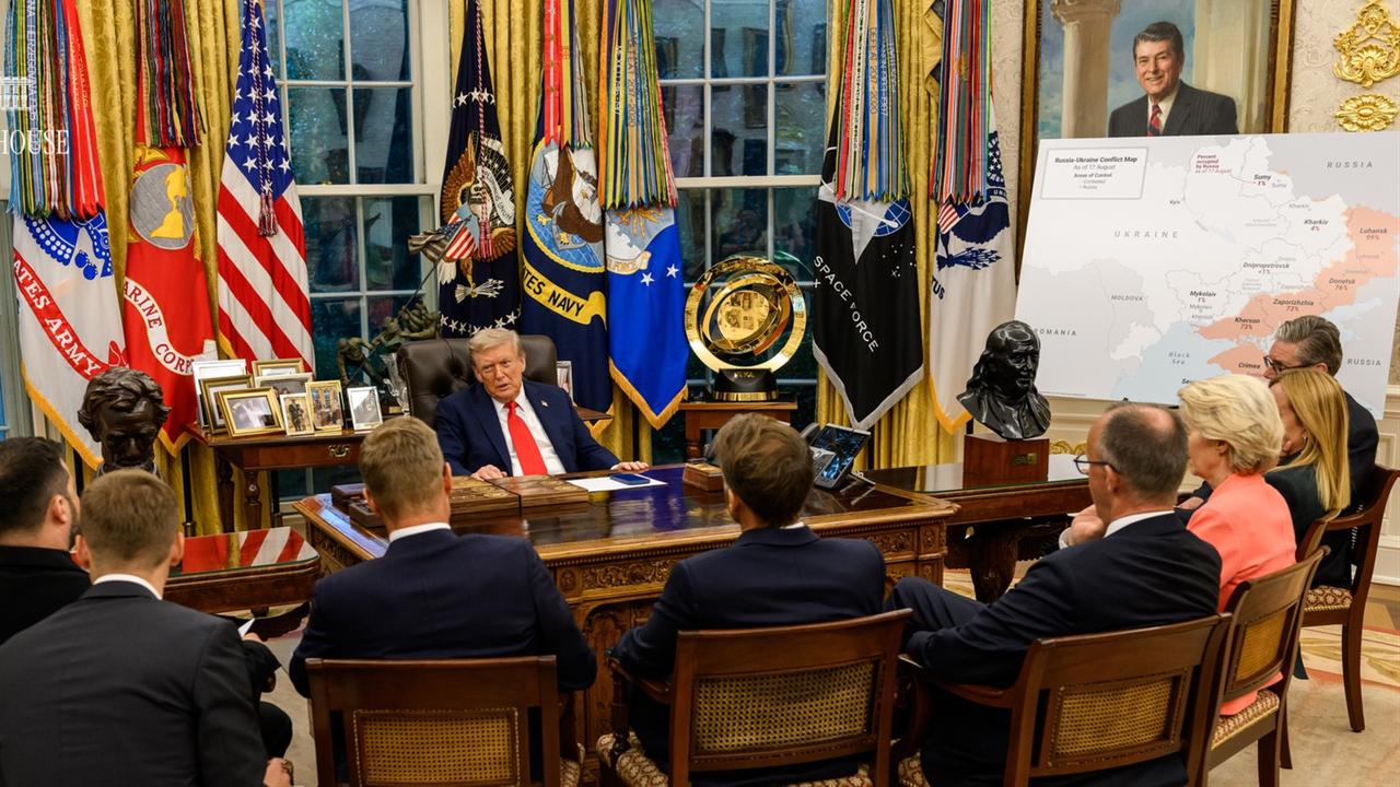 European leaders sit in front of US President Donald Trump in the Oval Office. (Photo via X/ White House)