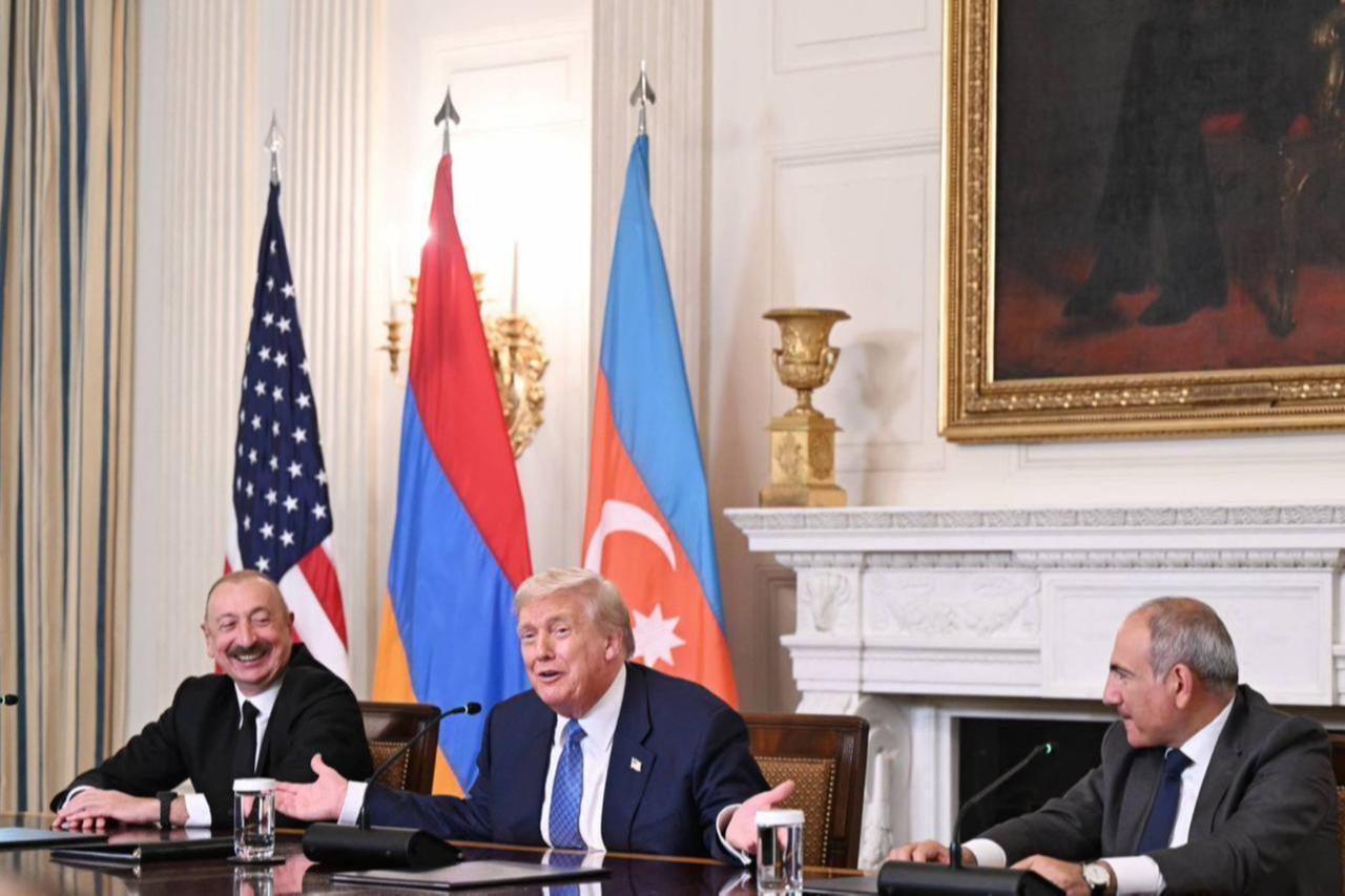 U.S. President Donald Trump (C), Azerbaijani President Ilham Aliyev (L), and Armenian Prime Minister Nikol Pashinyan (R) hold a press conference following the trilateral meeting where they signed joint declaration at the White House in Washington D.C. , United States on Aug. 08, 2025. (AA Photo)