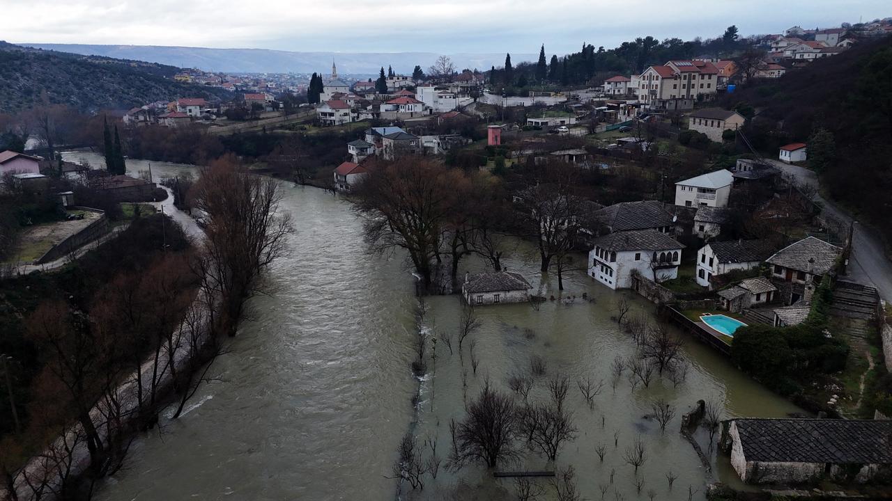 This aerial photograph shows flooded streets following heavy rain in southern-Bosnian town of Blagaj on January 6, 2026. (AFP Photo)
