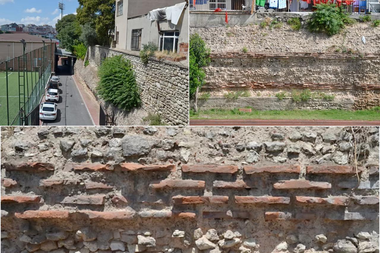 Sections of the masonry walls of the Cistern of Aetius are visible along the perimeter of the former open air reservoir, Istanbul, Türkiye, January 9, 2026. (Created with Canva)