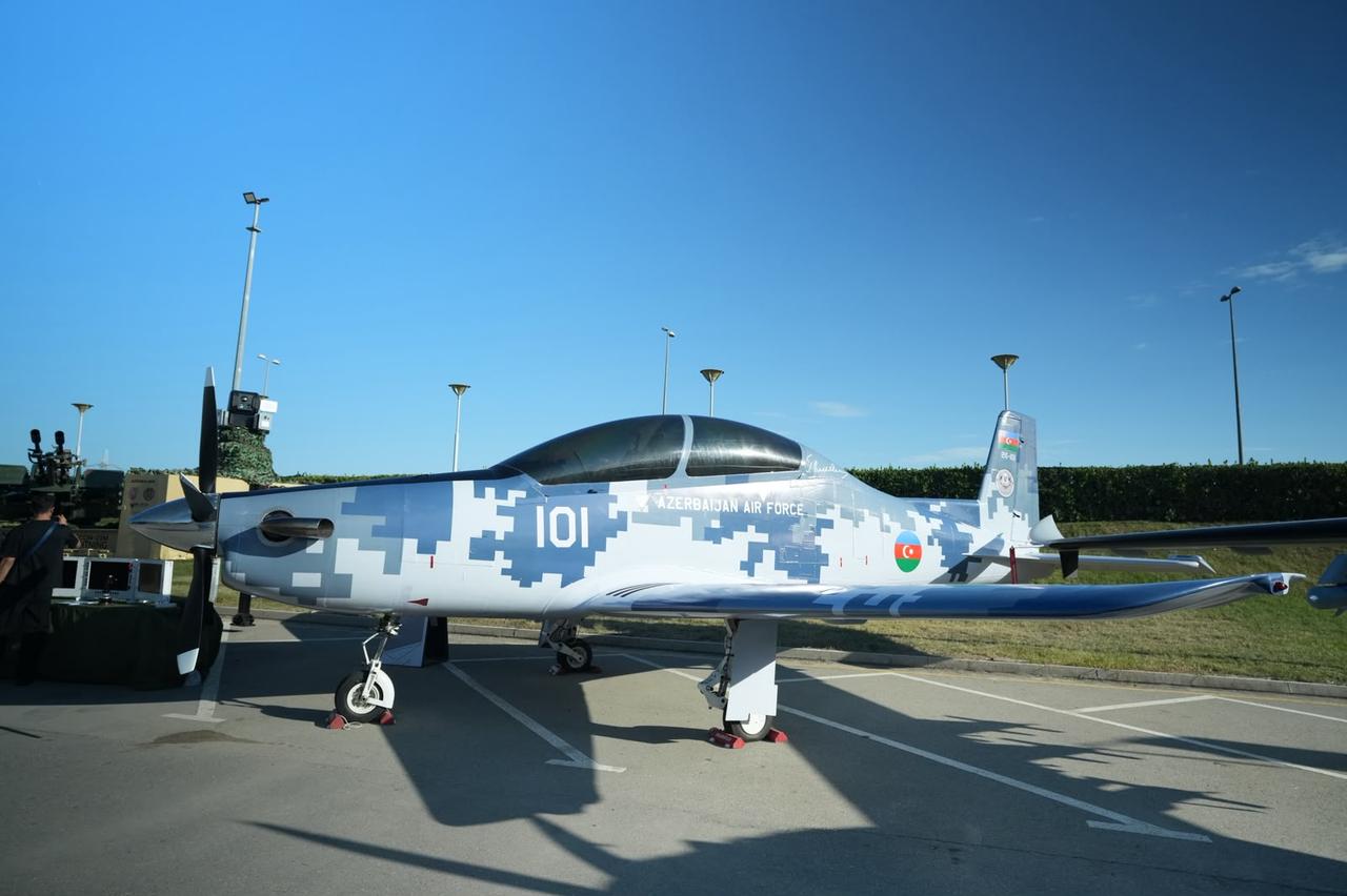 The photo shows a Hurkus-II trainer aircraft with Azerbaijan Air Force camouflage at the Azerbaijan International Defense Exhibition (ADEX 2026) in Baku, Sept. 31, 2026. (AA Photo)