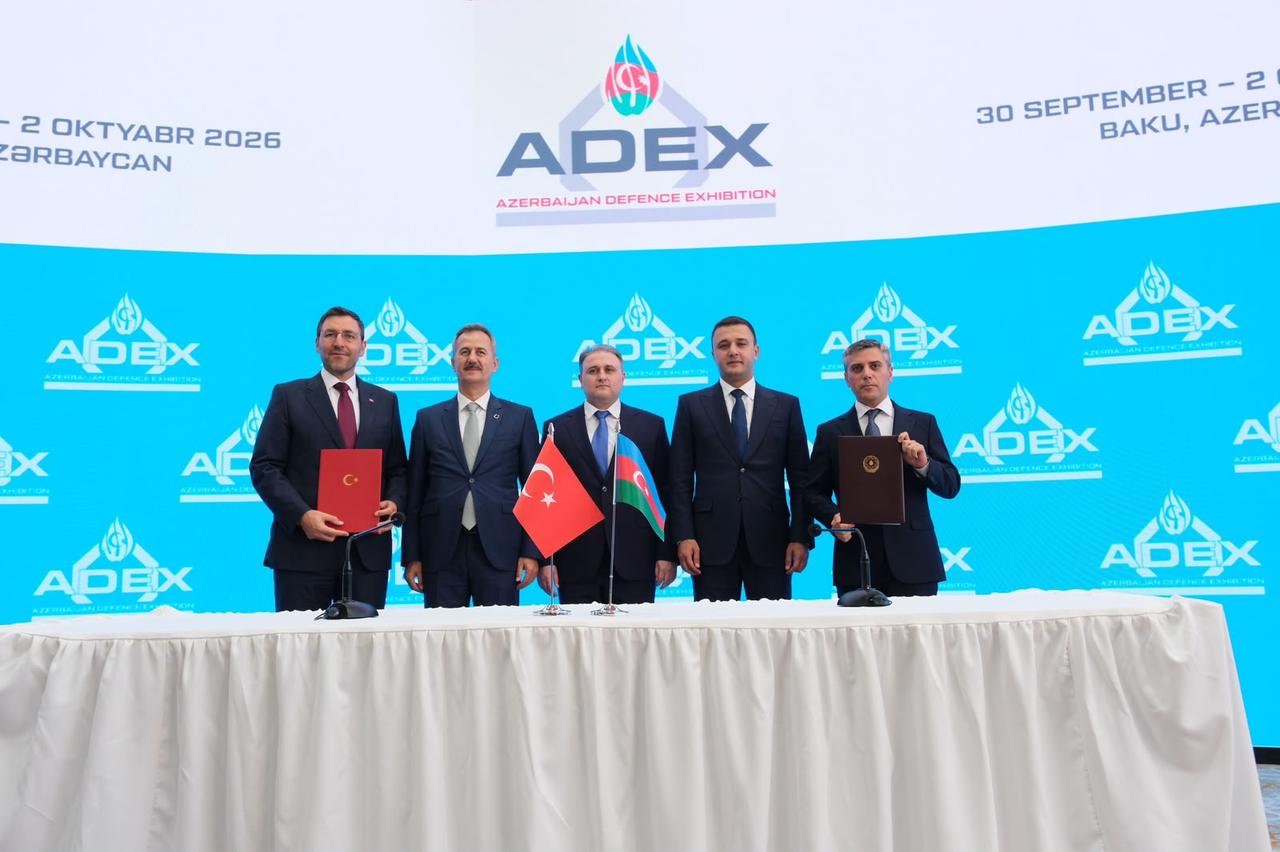 Officials from Türkiye's Roketsan sign a deal for the Barbaros Coastal Defense System with Azerbaijan at the Azerbaijan International Defense Exhibition (ADEX 2026) in Baku, Sept. 31, 2026. (AA Photo)