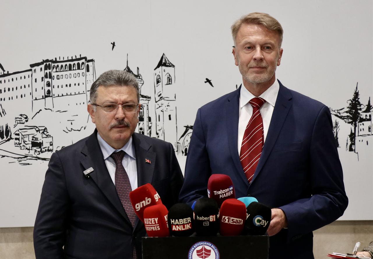 The head of the European Union Delegation to Türkiye, Ambassador Aivo Orav (R), and Trabzon Metropolitan Mayor Ahmet Metin Genc during his visit to Trabzon, Türkiye, on Oct. 1, 2026. (AA Photo)