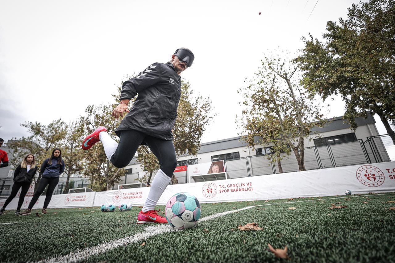 A player from Türkiye's visually impaired women's national football team controls the ball during training at the Aticilar Multipurpose Visually Impaired Football Field in Bursa, Türkiye, ahead of the Women's Blind Football European Championship, Oct. 1, 2026. (AA Photo)