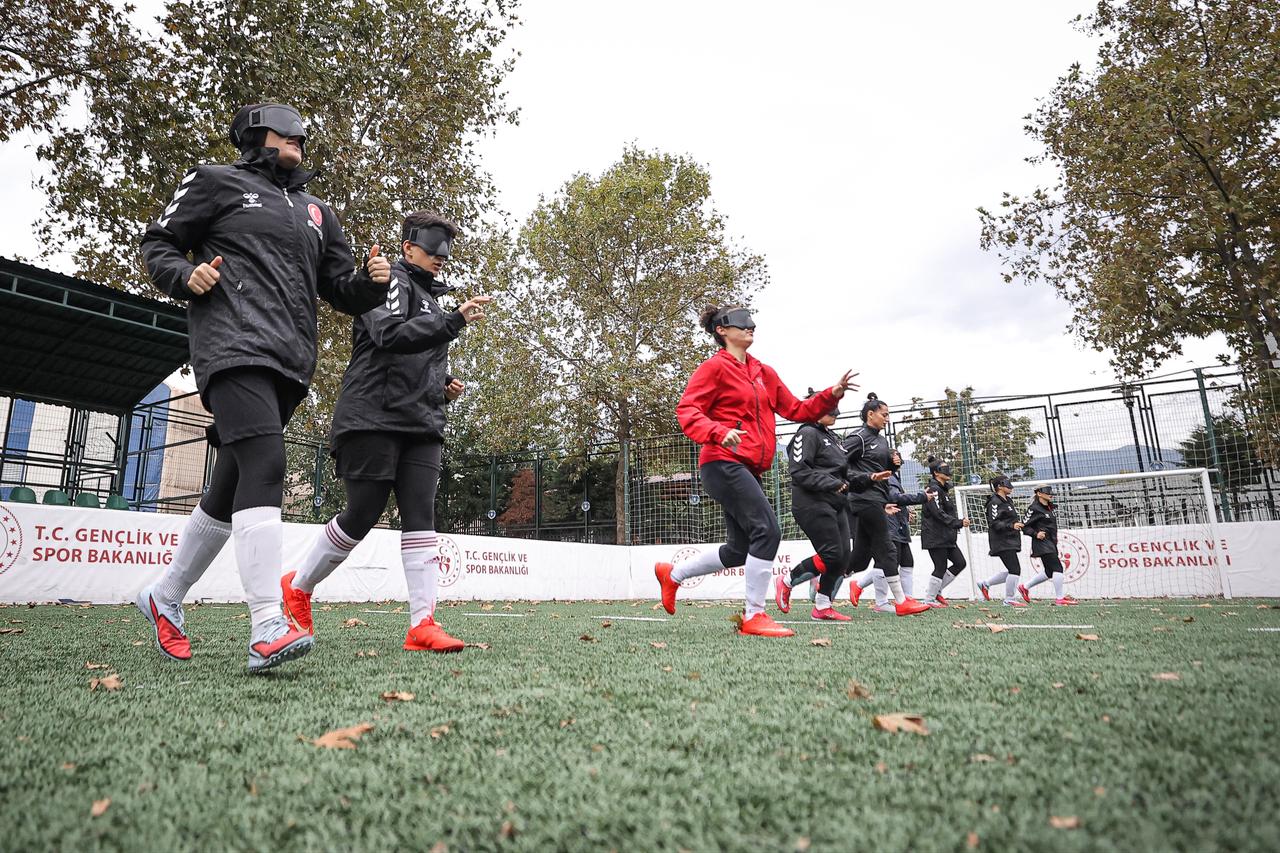 Türkiye's visually impaired women's national football team trains at the Aticilar Multipurpose Visually Impaired Football Field in Bursa, Türkiye, ahead of the Women's Blind Football European Championship, Oct. 1, 2026. (AA Photo)