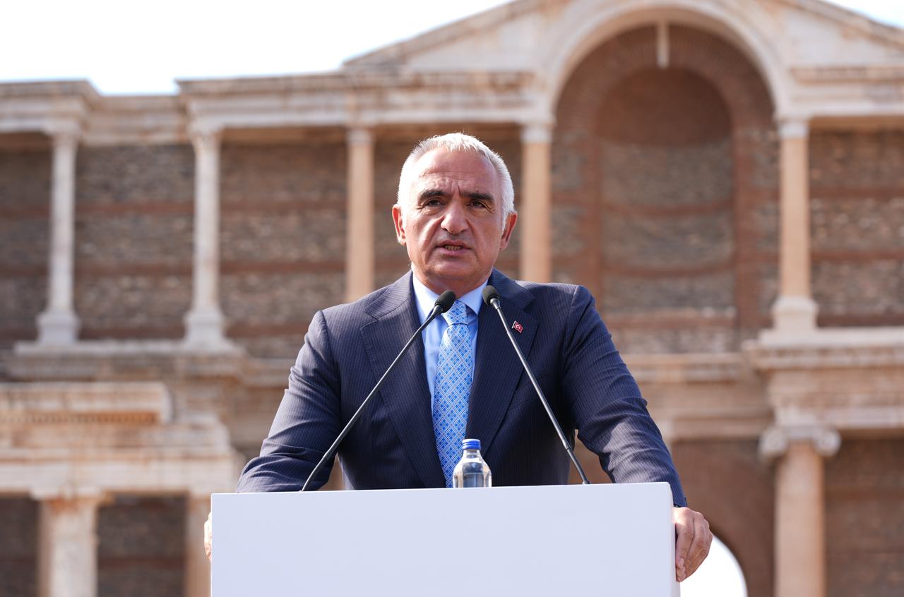 Culture and Tourism Minister Mehmet Nuri Ersoy addresses attendees at Sardis during the opening of the new aerial monitoring and security center designed to protect the archaeological landscape. (AA Photo)