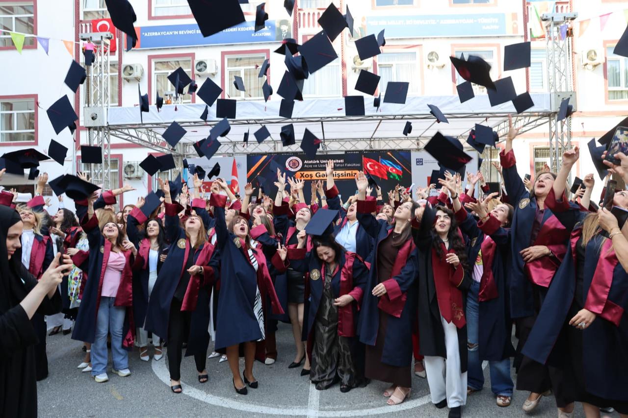 Graduates of Ataturk University's Open and Distance Education Faculty throw their caps during a graduation ceremony in Baku, Azerbaijan, Sept. 26, 2026. (AA Photo)