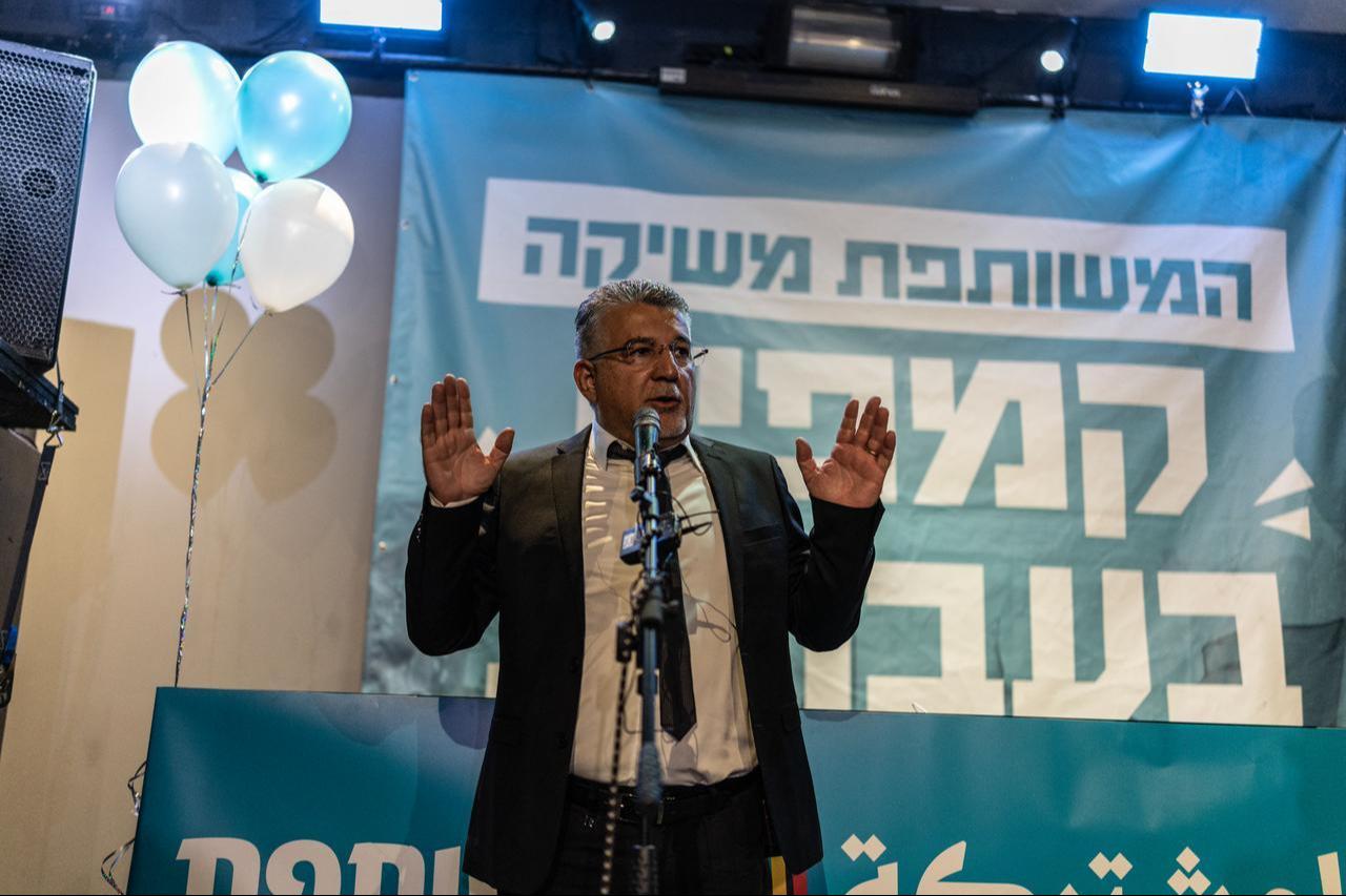 Arab lawmaker Yousef Jabareen addresses Hebrew-speaking voters during a meeting of the Arab-led Joint List party in Tel Aviv on October 5, 2026. (AFP Photo)