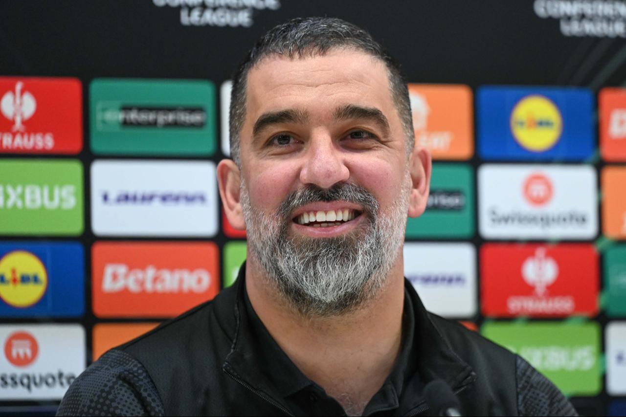 Shakhtar Donetsk head coach Arda Turan speaks during a press conference ahead of the UEFA Conference League semi-final second leg match against Crystal Palace at Selhurst Park in London, United Kingdom, May 6, 2026. (AA Photo)