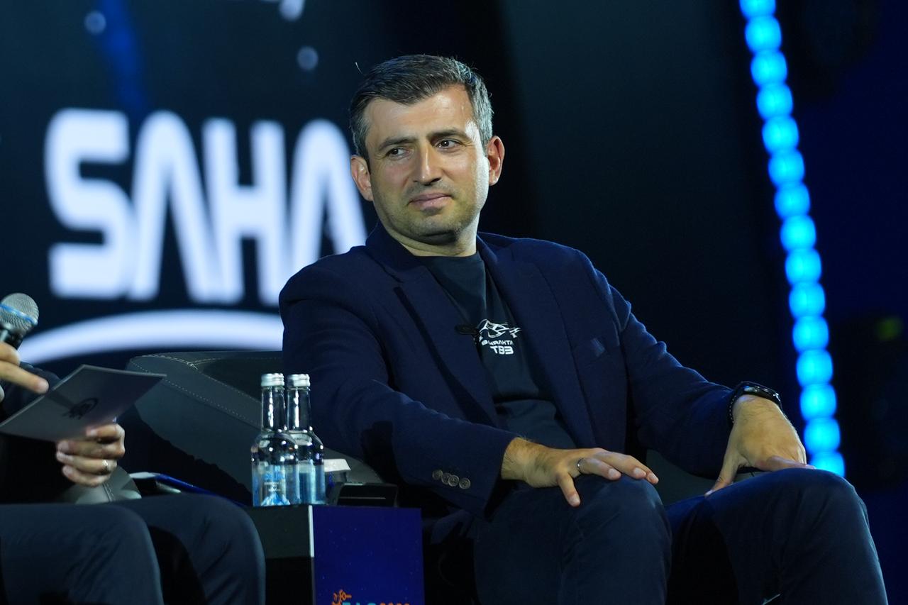 Chairman of the Board of Trustees of the T3 Foundation and Chairman of the Board of Baykar Selcuk Bayraktar delivers a speech at the 77th International Astronautical Congress (IAC 2026) in Antalya, Türkiye, Oct. 9, 2026. (AA Photo)
