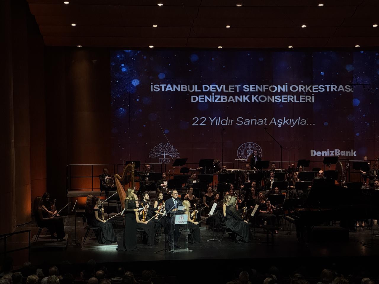 Members of the Istanbul State Symphony Orchestra gather onstage at the Ataturk Cultural Center in Istanbul, Türkiye, for the opening of the 2026-2027 concert season, Oct. 9, 2026. (AA Photo)