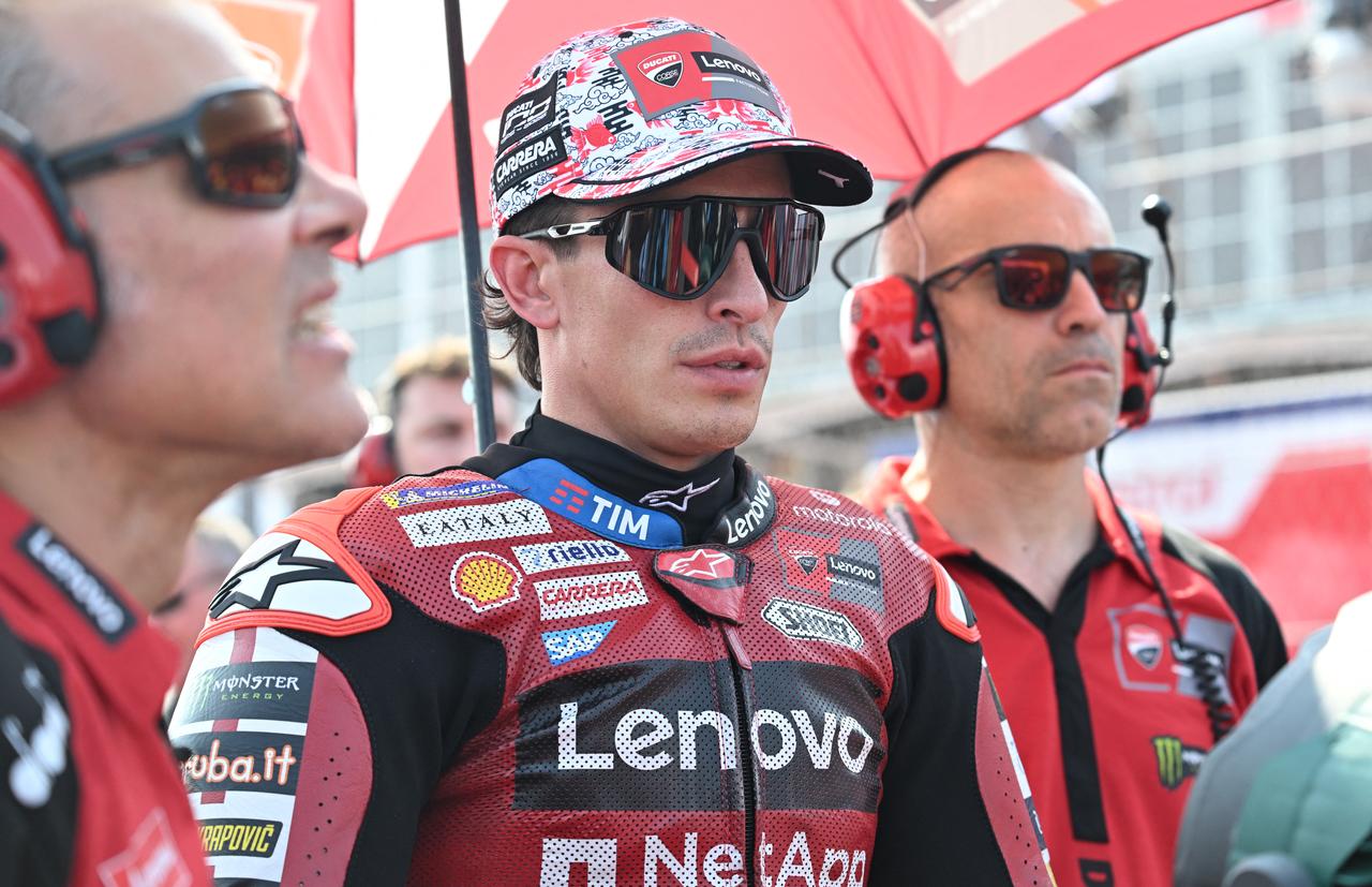 A Ducati Lenovo Team rider stands on the grid ahead of the MotoGP Indonesian Grand Prix at the Mandalika International Circuit in Lombok, Indonesia, Oct. 10, 2026. (AFP Photo)