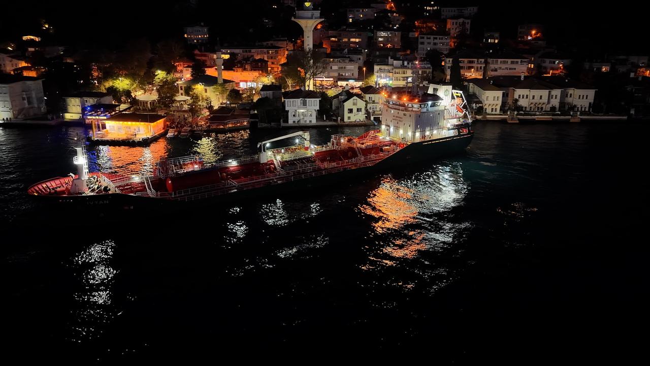 The chemical tanker IVYAN is seen near the Kanlica shore on the Bosphorus after its crew dropped anchor, Istanbul, Türkiye, Oct. 11, 2026. (IHA Photo)