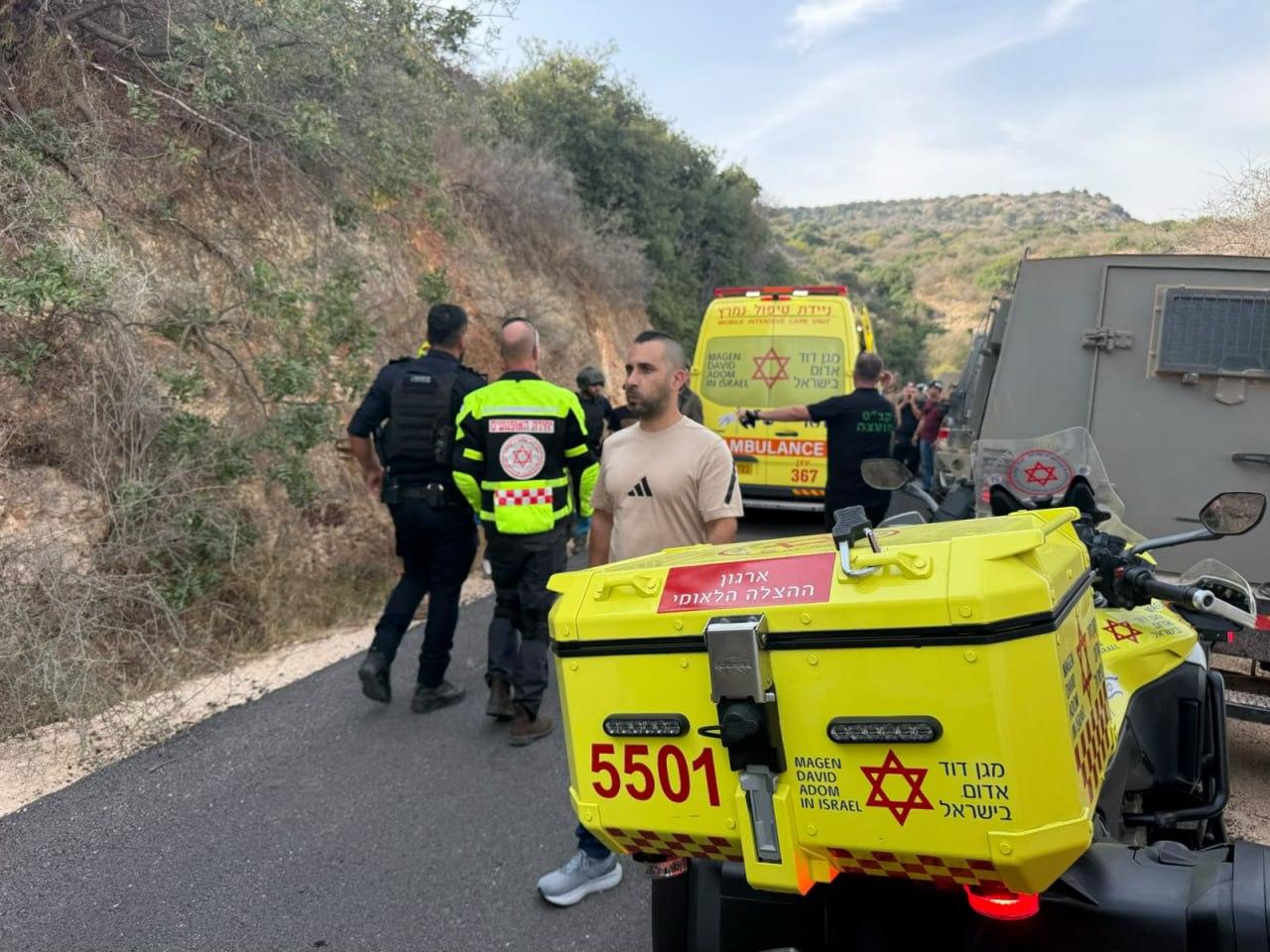 The photo shows Israeli Magen David Adom members at the scene where unexploded ordnance blew up in northern Israel near the border with Lebanon on Oct. 12, 2026. (Photo via Telegram/mdaisrael)