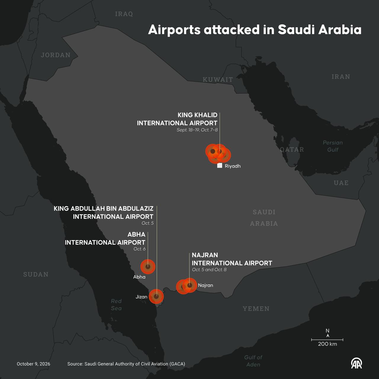 An infographic titled "Airports attacked in Saudi Arabia" created in Ankara, Türkiye on October 9, 2026. (AA Graphics)