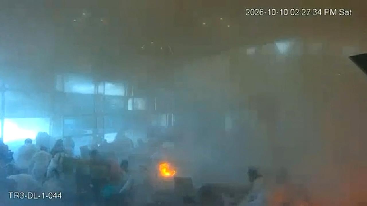 This screen grab taken from CCTV footage released by the Saudi Media Ministry on October 11, 2026, shows the moment King Khalid International Airport in Riyadh was hit by a Houthi strike on October 10, 2026. (Photo by SAUDI MEDIA MINISTRY / AFP)