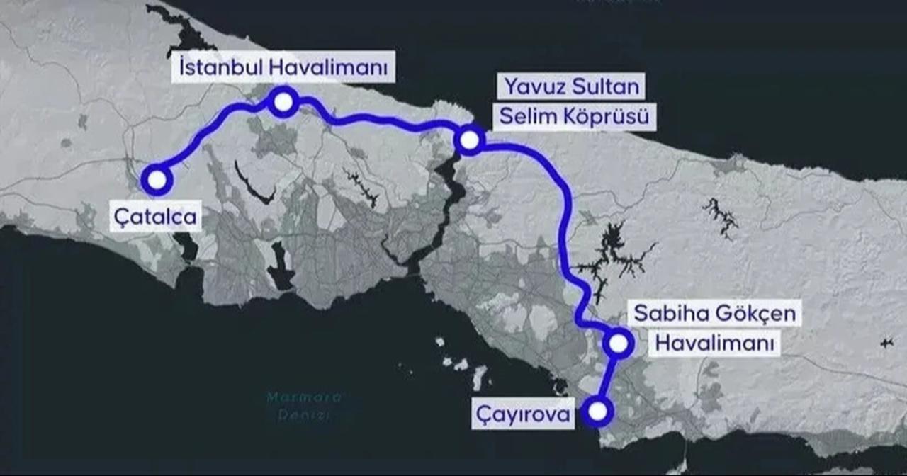 Map showing the planned INRAIL railway route linking Catalca, Istanbul Airport, Yavuz Sultan Selim Bridge, Sabiha Gokcen Airport and Cayirova across Istanbul and the surrounding region. (Image via Transport Ministry)