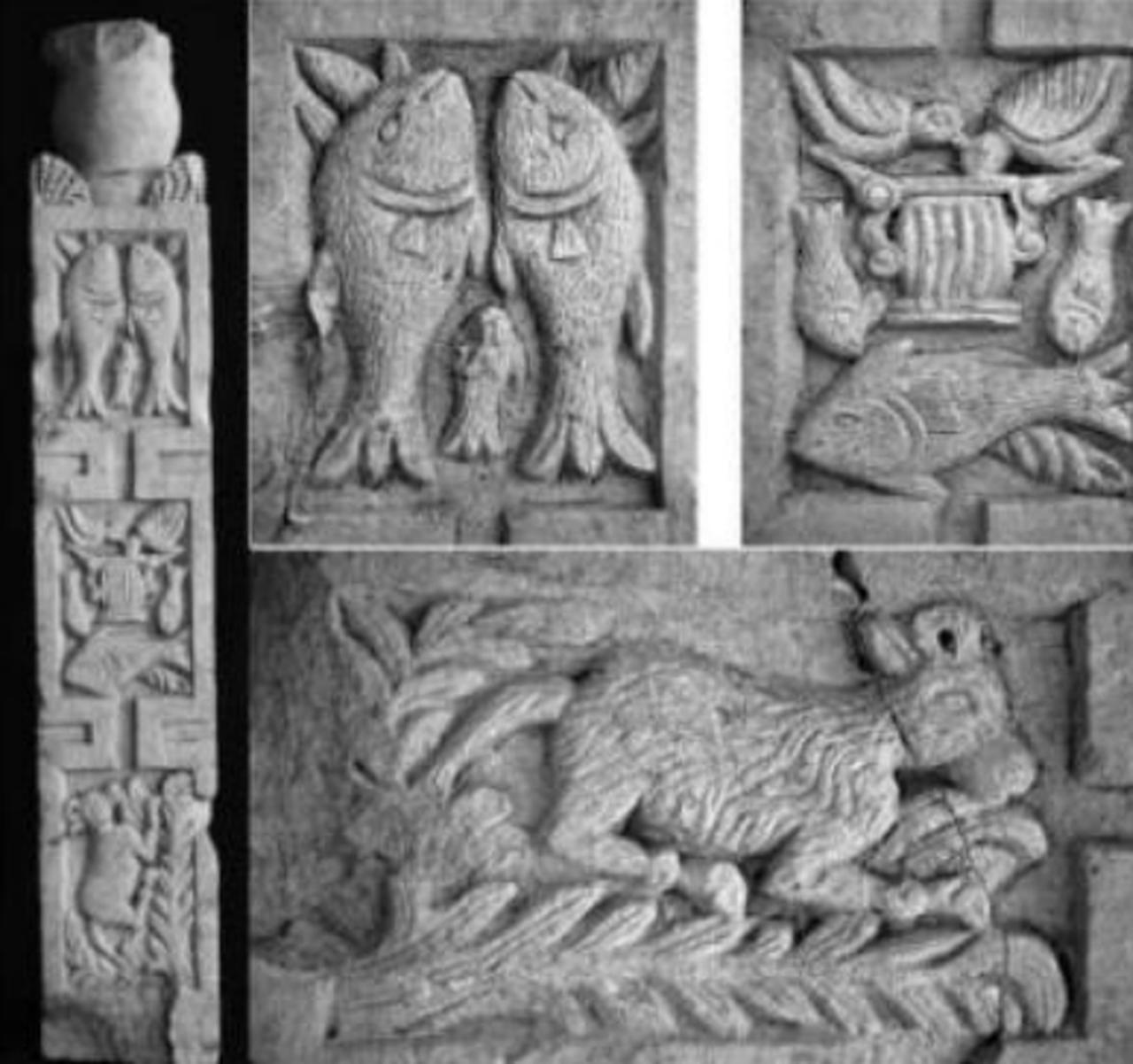 Early Byzantine stone carvings featuring fish, birds and other animals from the Rhodiapolis Episcopal Church in Antalya, southern Türkiye, reflect religious symbolism associated with baptism and spiritual renewal. (Photo via Akyurek and Tiryaki, 2010)