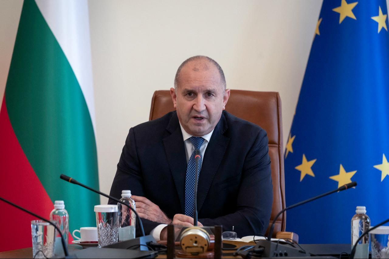 Bulgaria's Prime Minister Rumen Radev speaks at an emergency meeting with relevant institutions in Sofia on October 6, 2026, about the incident in Bulgaria's EEZ. (AFP Photo)